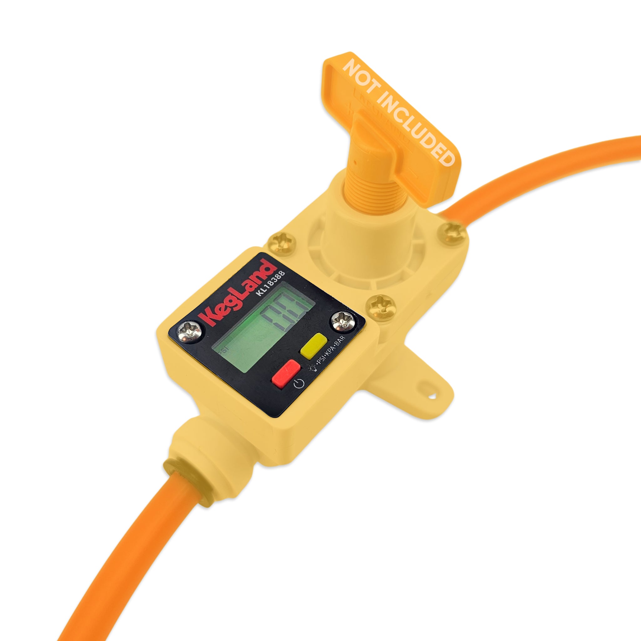 Yellow and orange pump with digital display on a white background