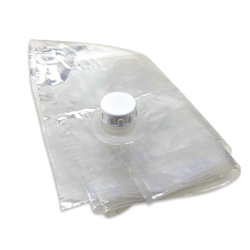 Clear plastic bag with a white cap on a white background