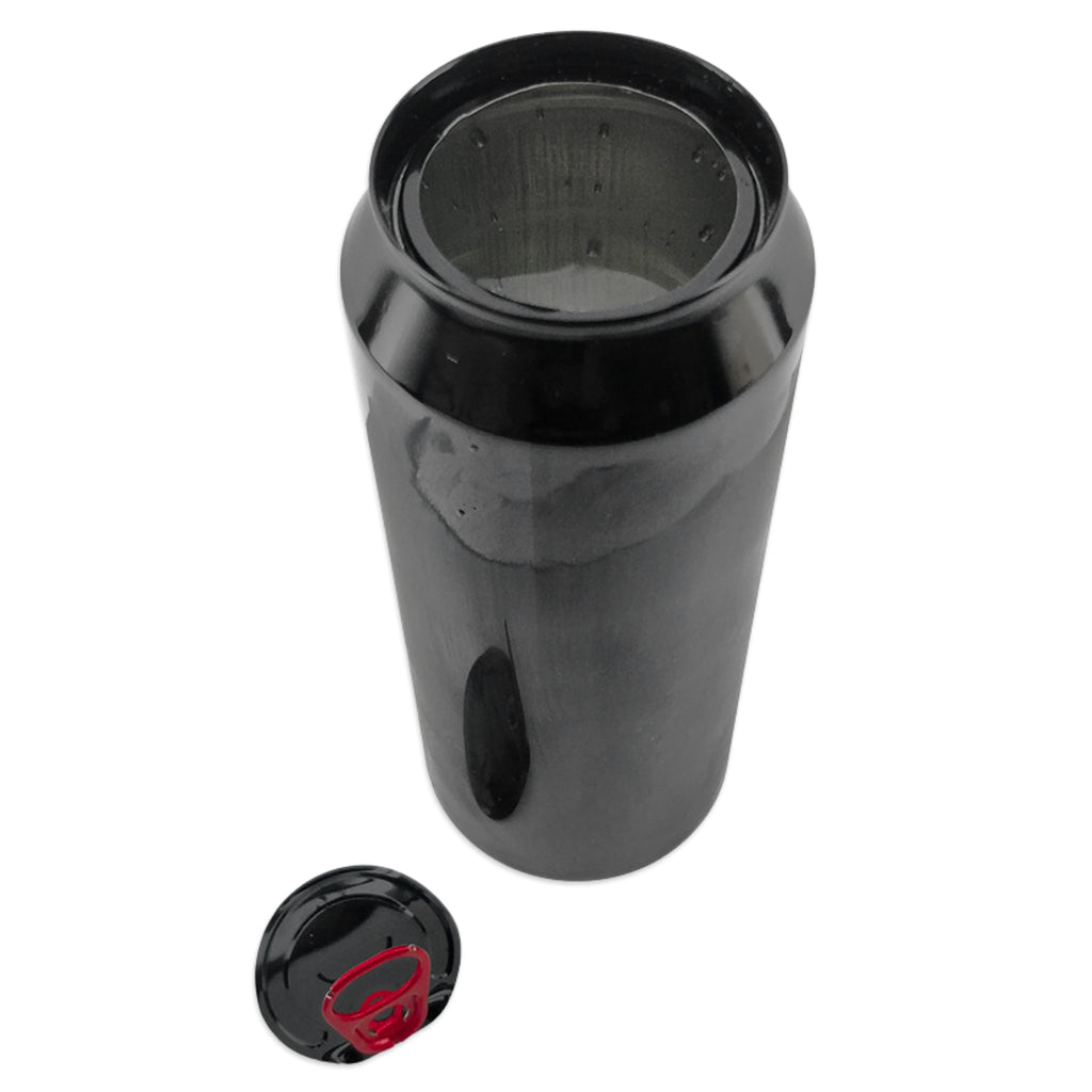 A glossy black cylindrical tumbler or cup with a matching black lid placed below it on a plain white background.