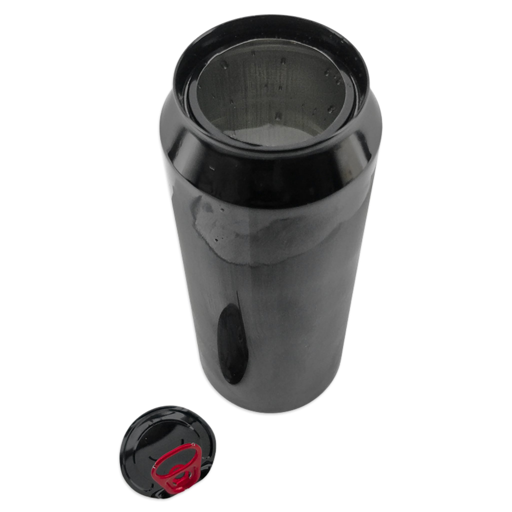 A glossy black cylindrical tumbler or cup with a matching black lid placed below it on a plain white background.