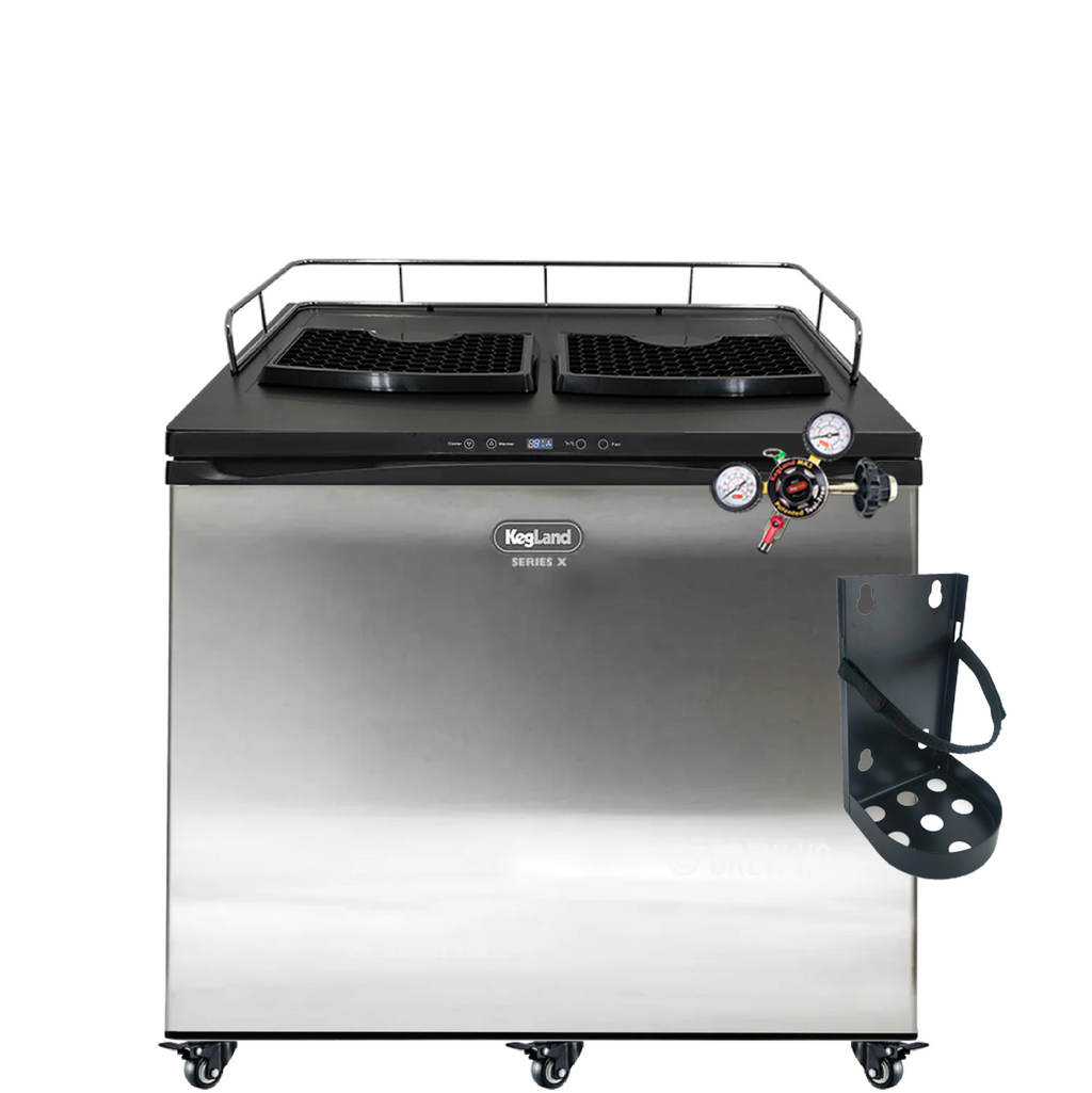 KegLand Series X Plus Kegerator base kit that shows a MK5 Regulator, CO2 Cylinder Bracket Hollder, Drip Trays and Guard Rail.
