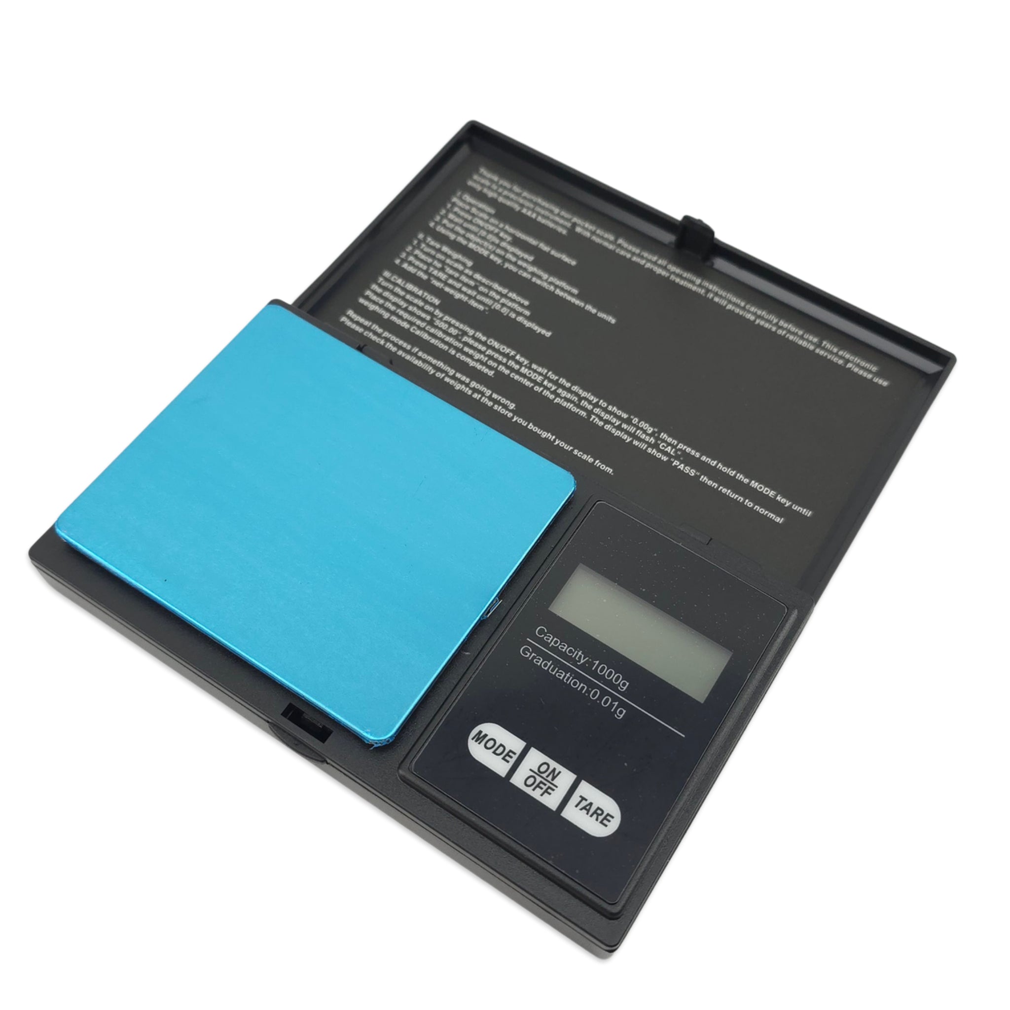 Digital pocket scale with blue platform on a white background