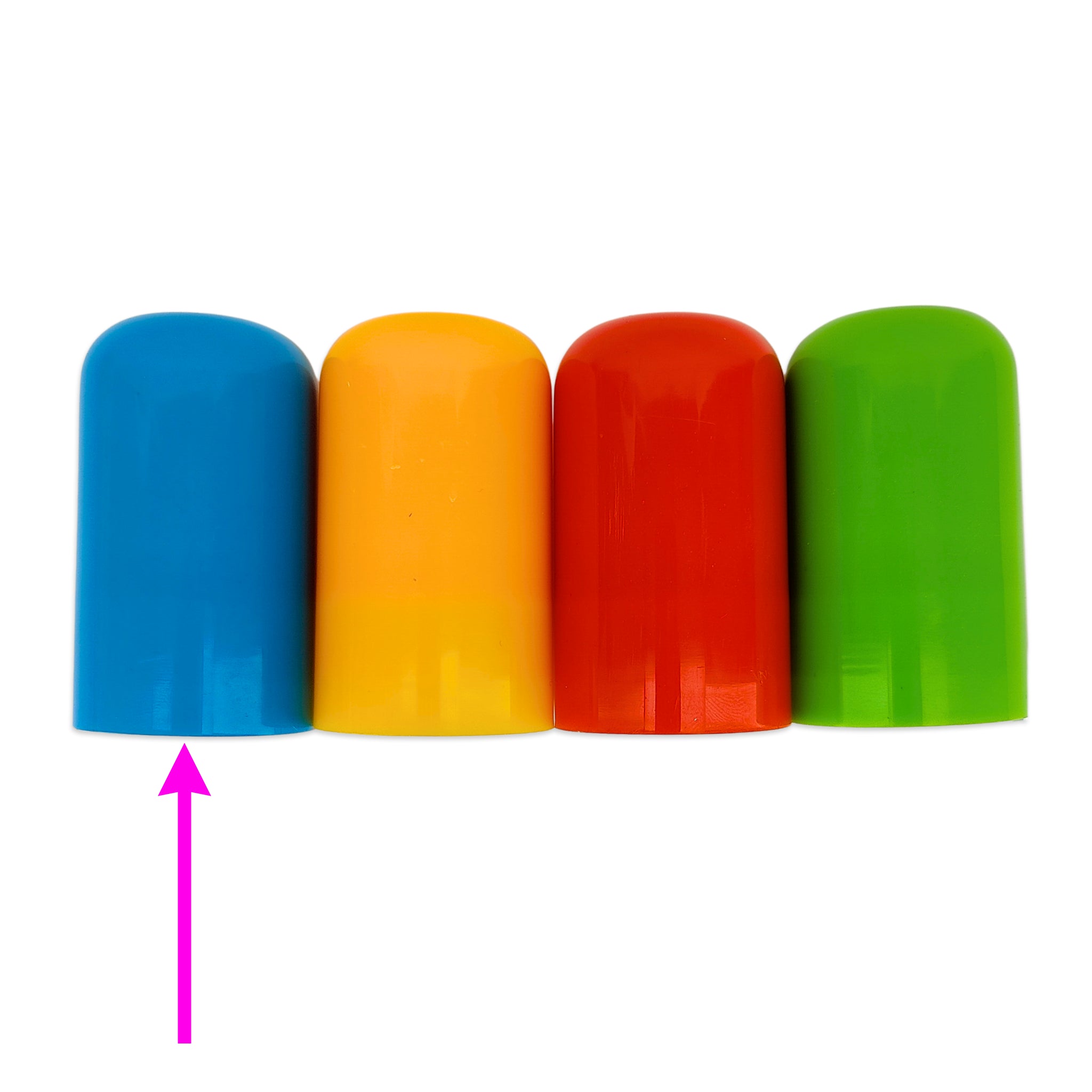 Four colorful cylindrical caps in blue, yellow, red, and green, arranged in a row on a white background with a pink arrow pointing to the blue cap.