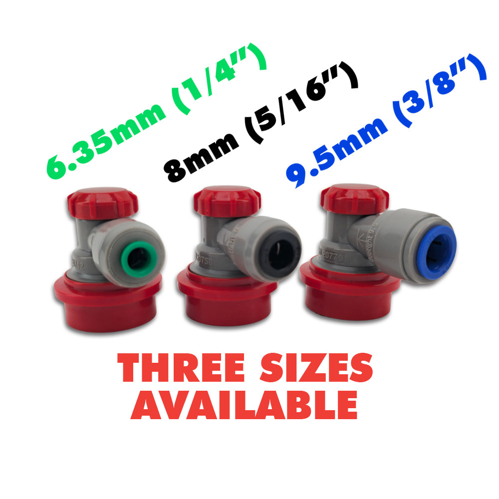 Three plumbing connectors with red caps and labeled sizes on a white background