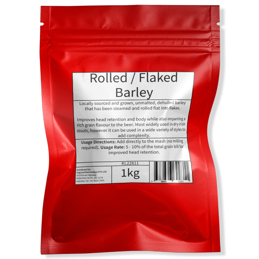Rolled Flaked Barley - 1kg Red Resealable Mylar Packaging.