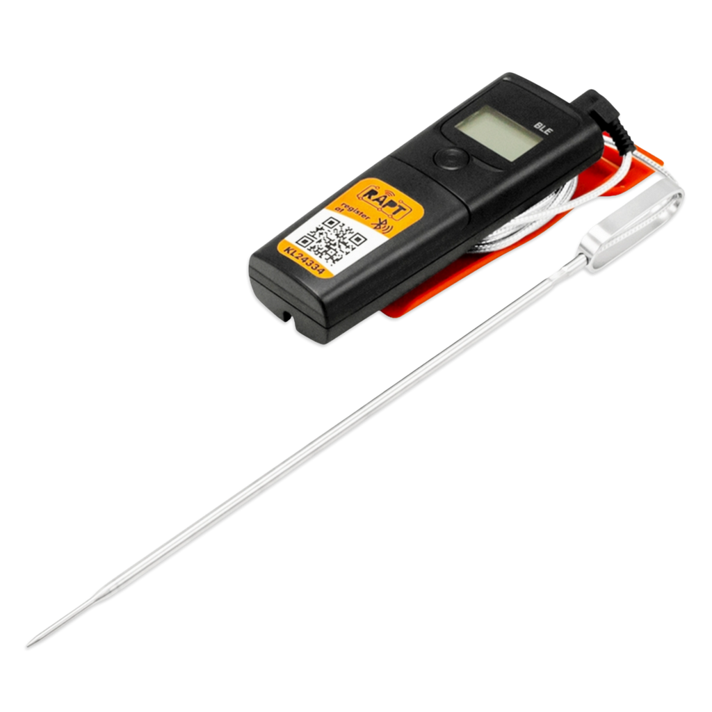 Digital thermometer with a long probe on a white background