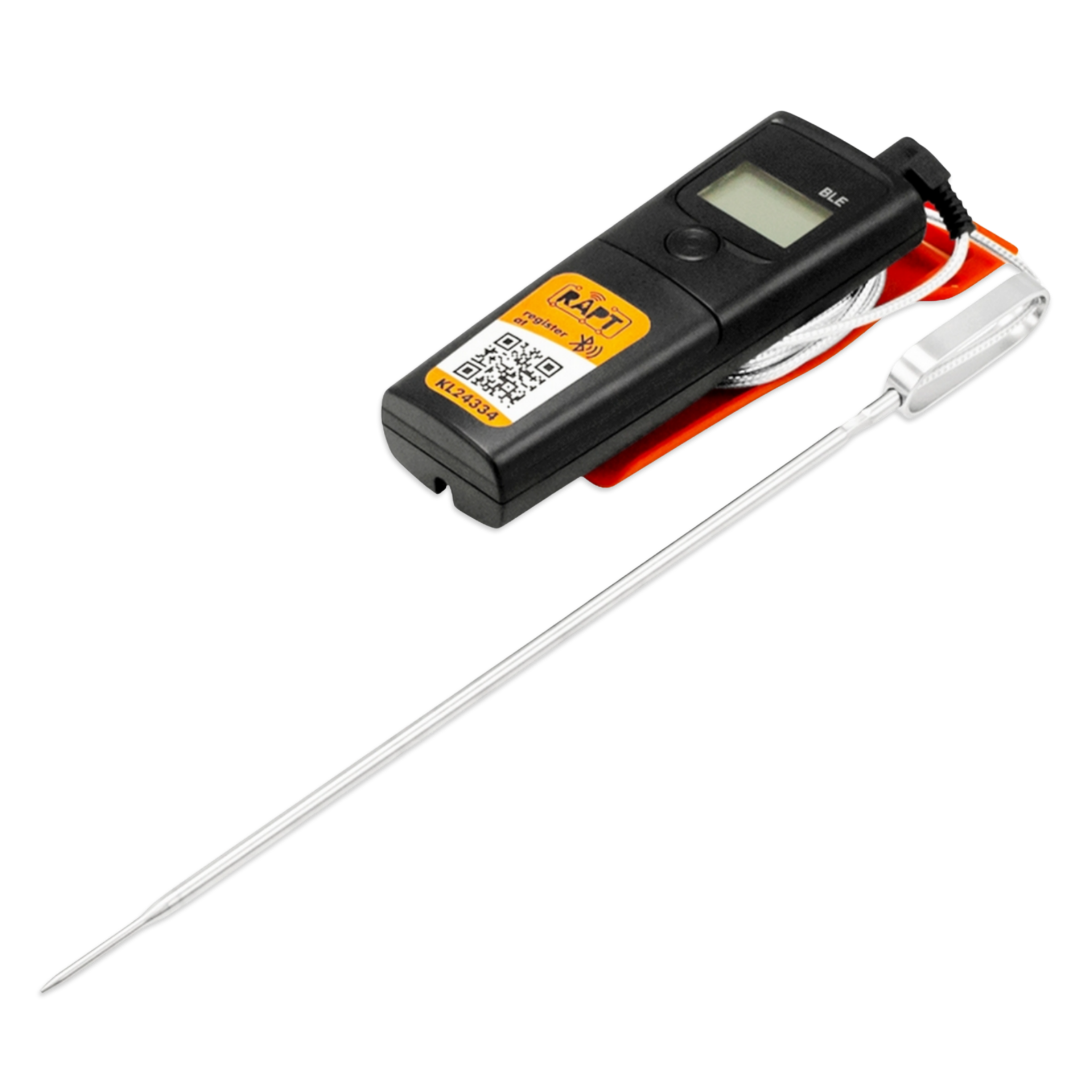 Digital thermometer with a long probe on a white background