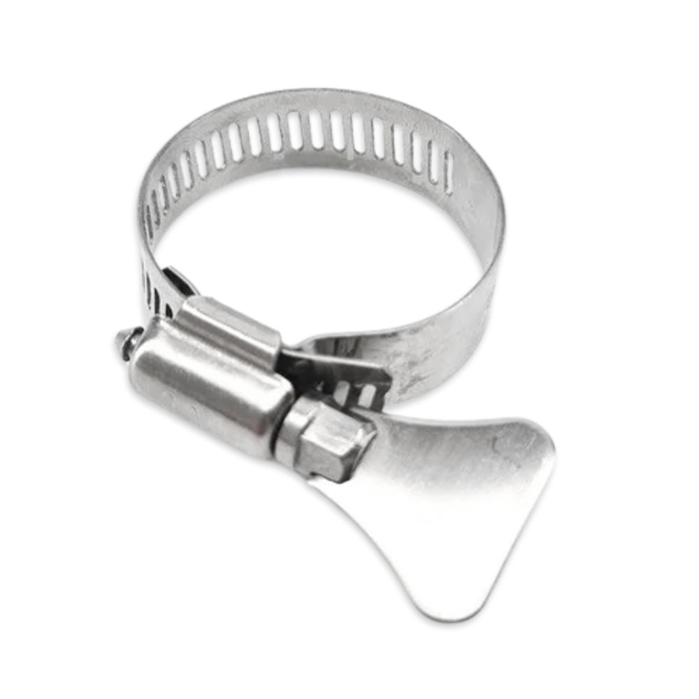 This hose clamp features a butterfly/key type adjustment tab which makes it easier to grip onto and tighten/loosen the clamp without the need for any tools.