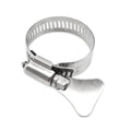 This hose clamp features a butterfly/key type adjustment tab which makes it easier to grip onto and tighten/loosen the clamp without the need for any tools.