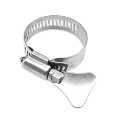This hose clamp features a butterfly/key type adjustment tab which makes it easier to grip onto and tighten/loosen the clamp without the need for any tools.