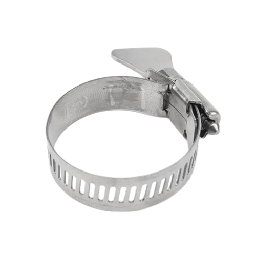 This hose clamp features a butterfly/key type adjustment tab which makes it easier to grip onto and tighten/loosen the clamp without the need for any tools.