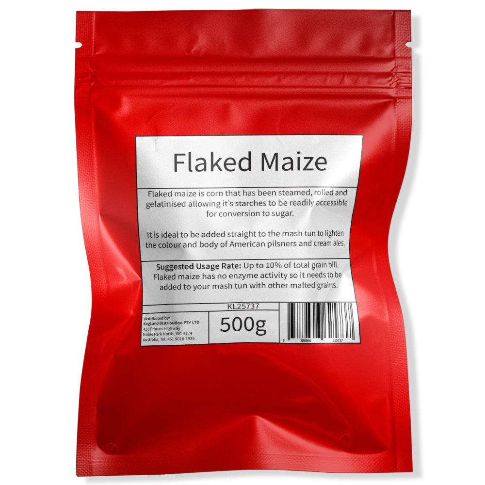 Flaked Maize - 500g Red Resealable Mylar Bag.