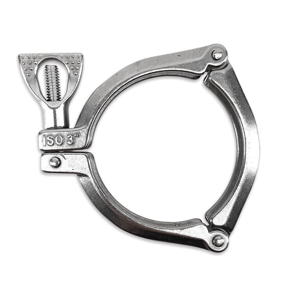 3 Inch Tri-Clover clamp in three sections. Close up photo of the closed clamp.