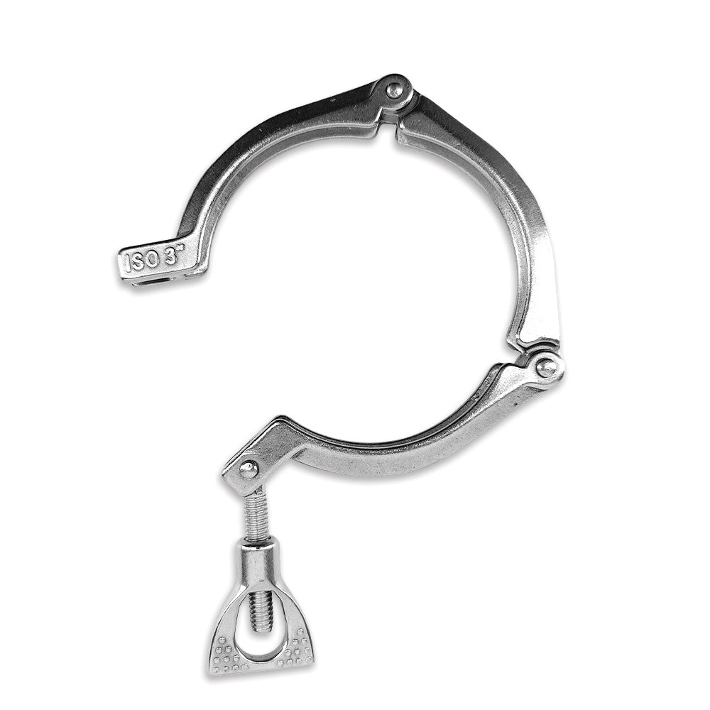 3 Inch Tri-Clover clamp in three sections. Close up photo of the  clamp open slightly.