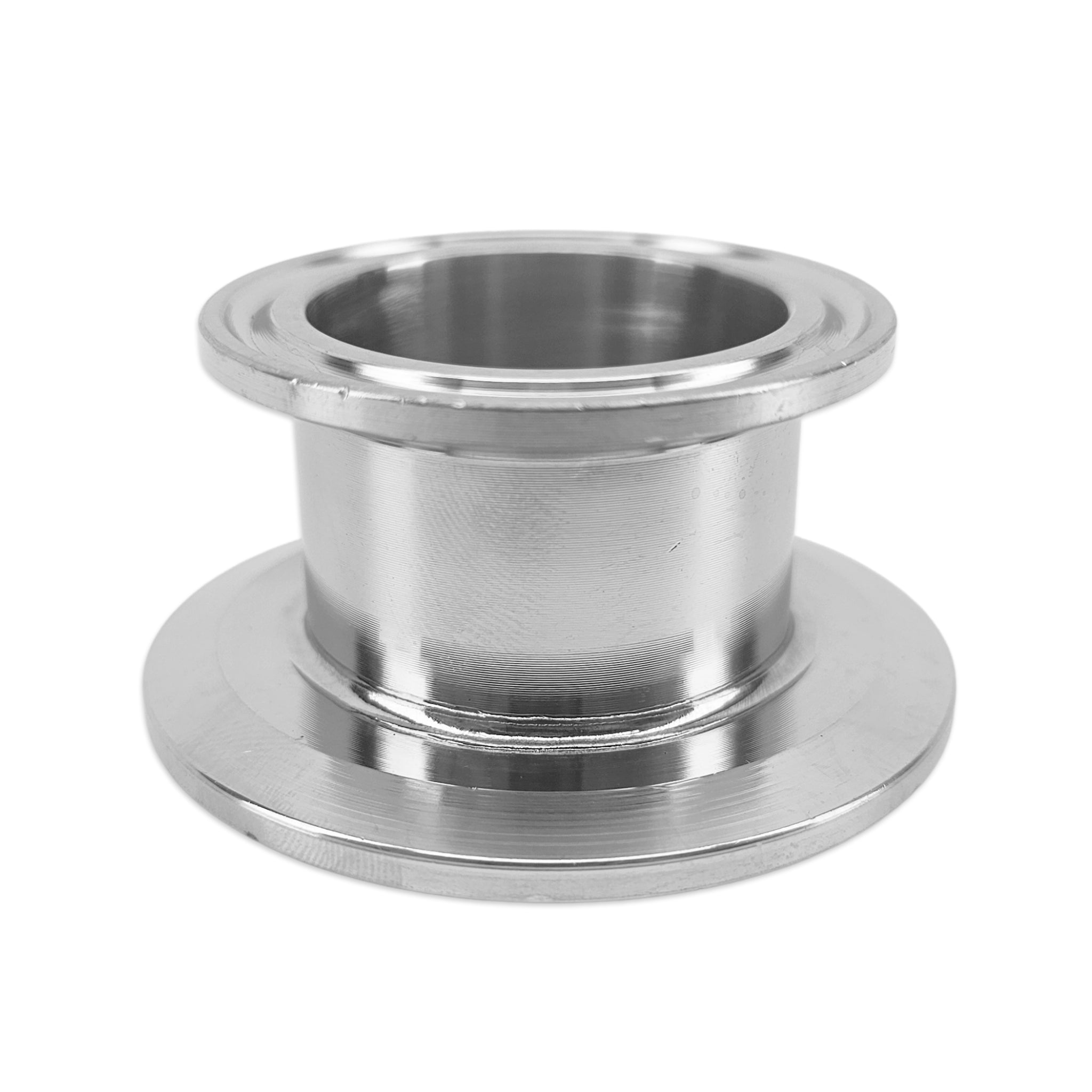 Metal flange reducer, called a tri-clover on a white background