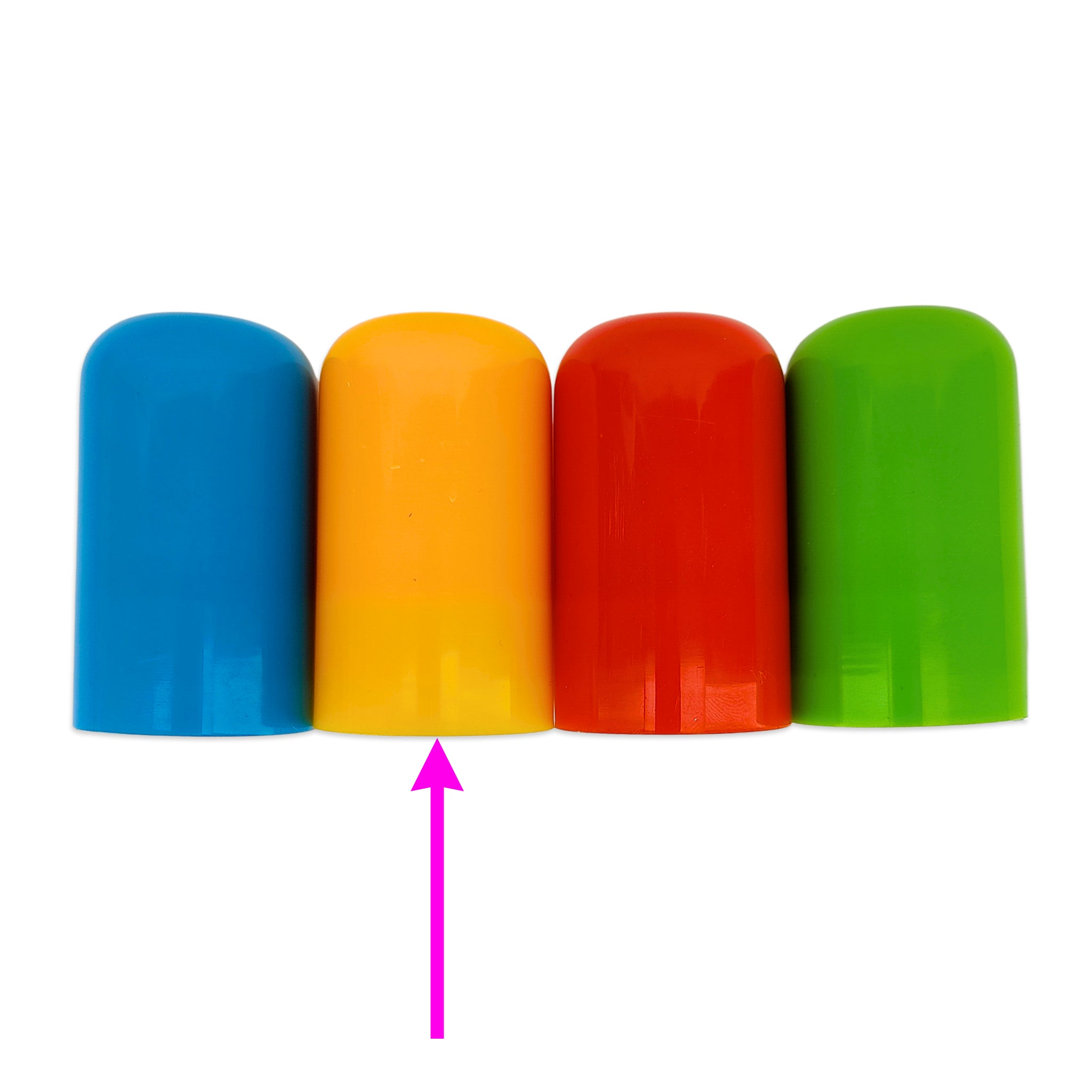 Four colorful cylindrical caps in blue, yellow, red, and green, arranged in a row on a white background with a pink arrow pointing up at the center yellow cap.