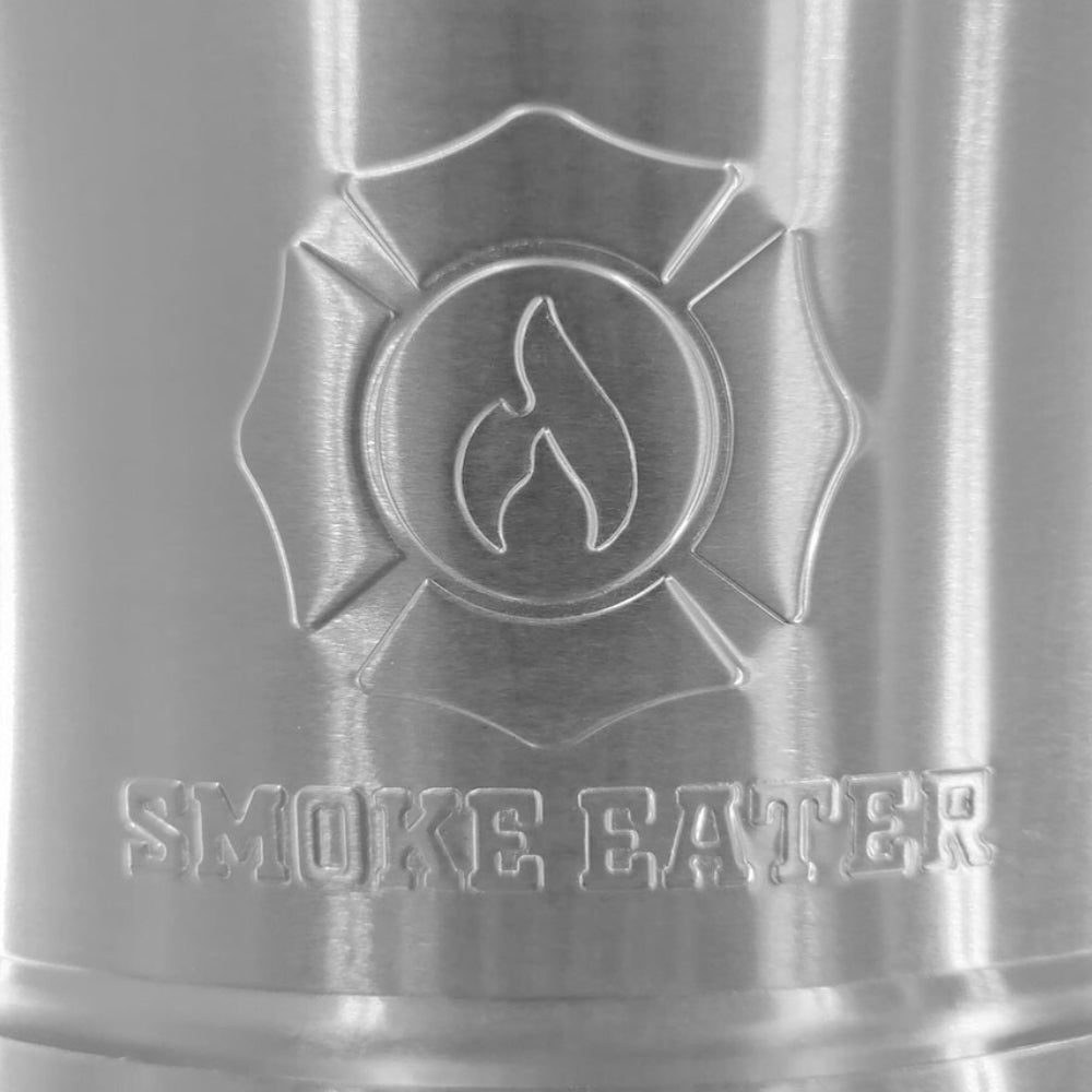 Metal canister with 'Smoke Eater' branding and logo on a gray background