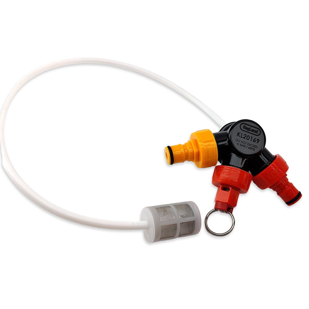 Keg tap assembly with white hose and red and black components on a white background
