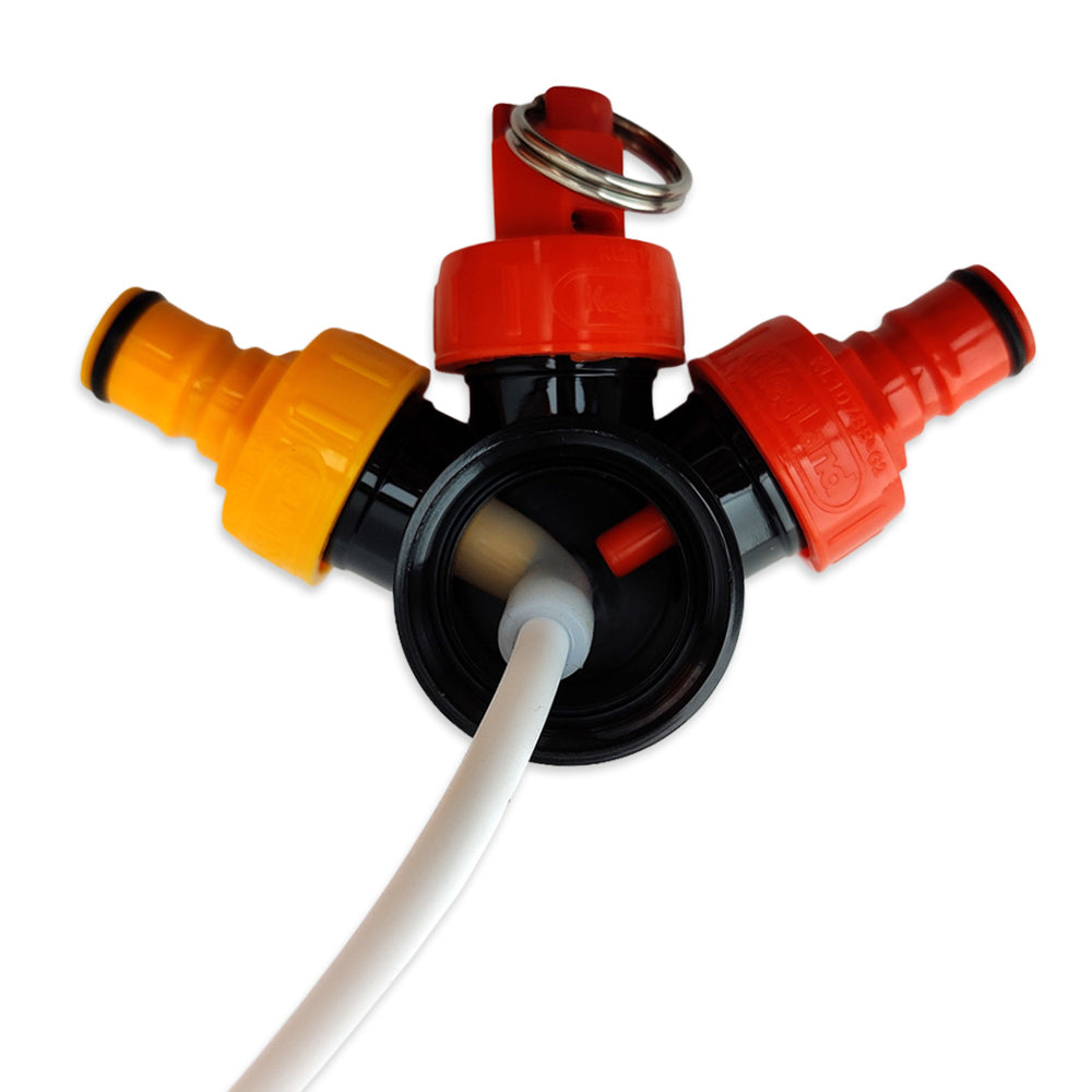 Three-way hose connector with red, yellow, and black ports on a white background