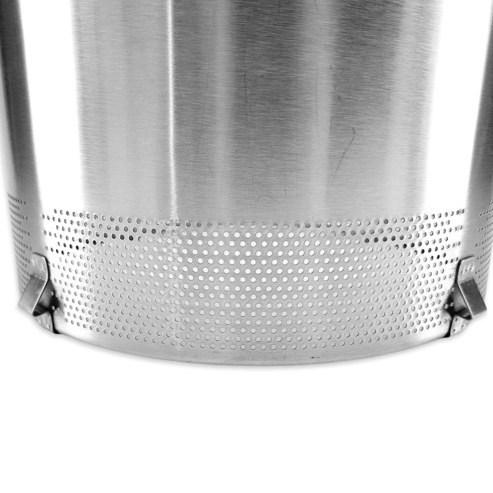 Close-up of a stainless steel pot with a perforated base on a white background