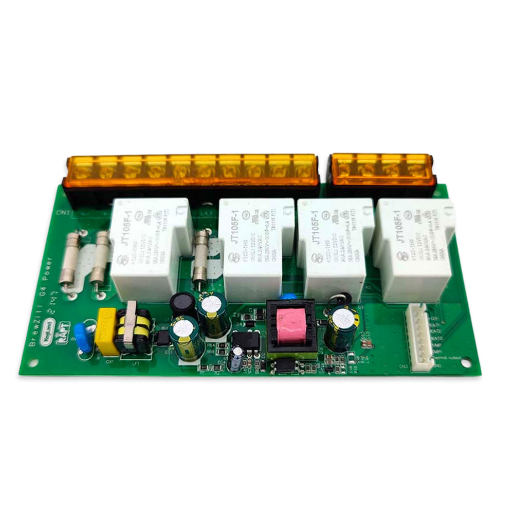 Electronic circuit board with relays and indicators on a white background
