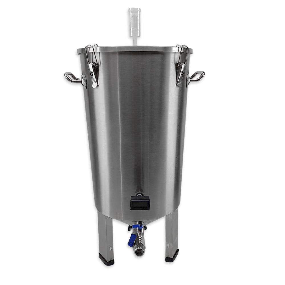 Stainless steel fermentation tank with a white background