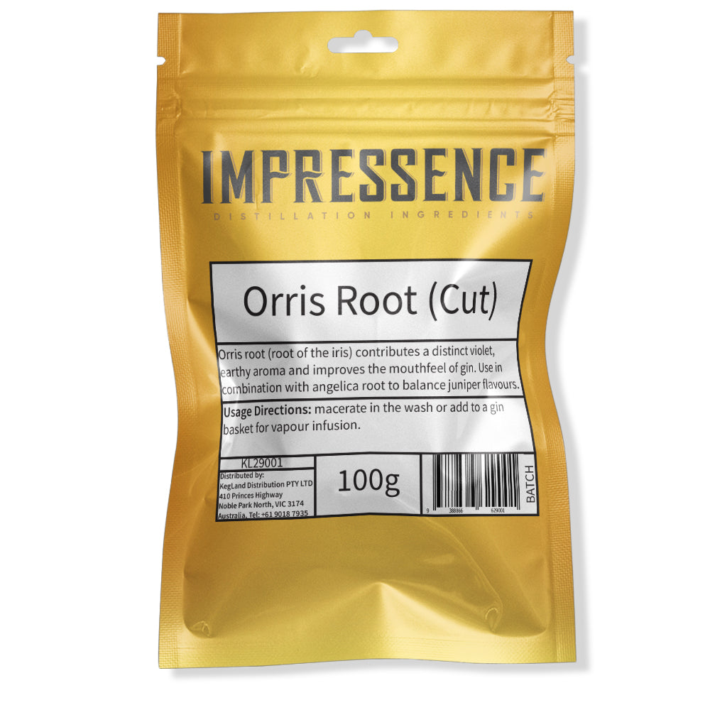 Impressence - Orris Root (Cut) in a 100g Gold Mylar Resealable Bag