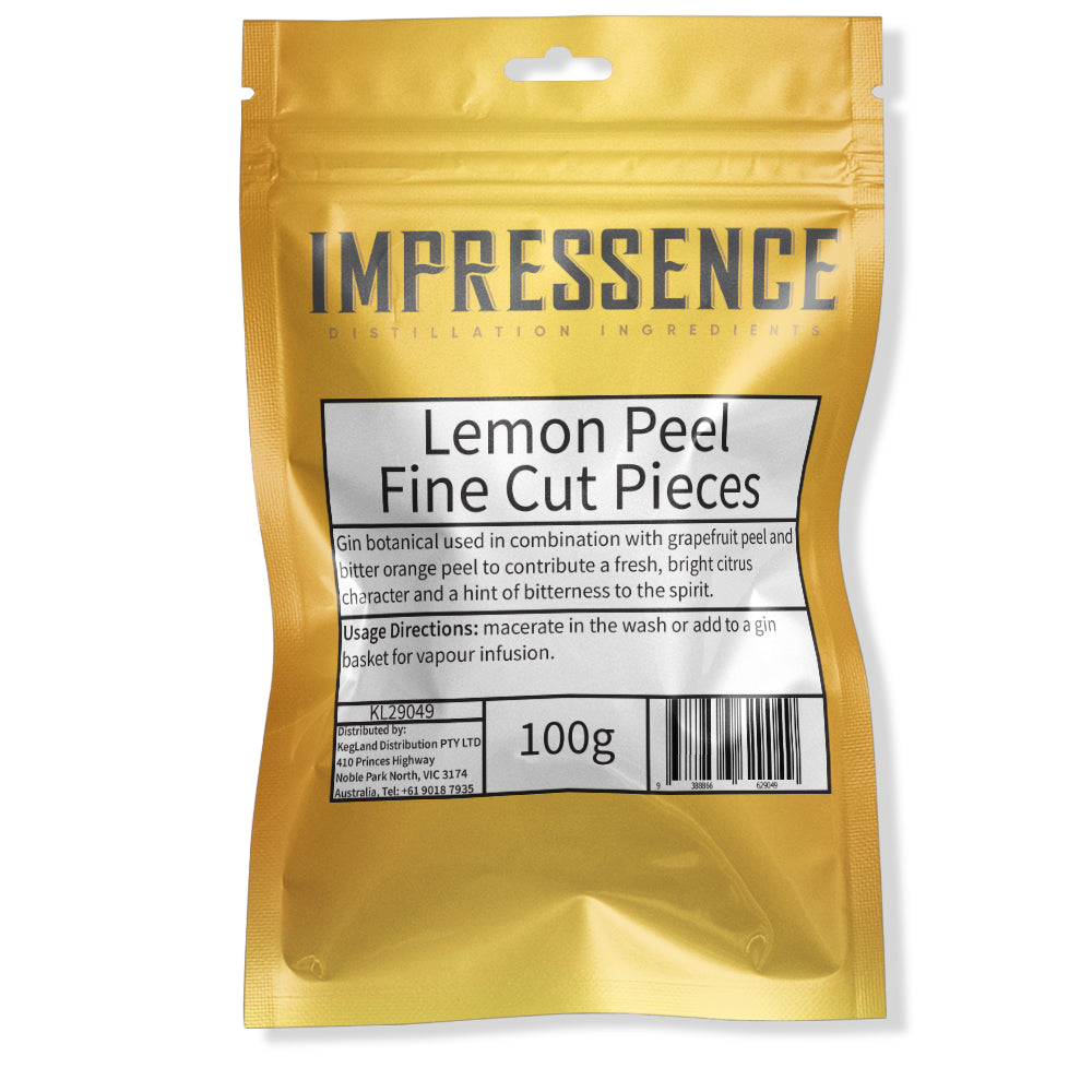 Impressence - Lemon Peel Fine Cut Pieces 100g in resealable gold mylar packaging.