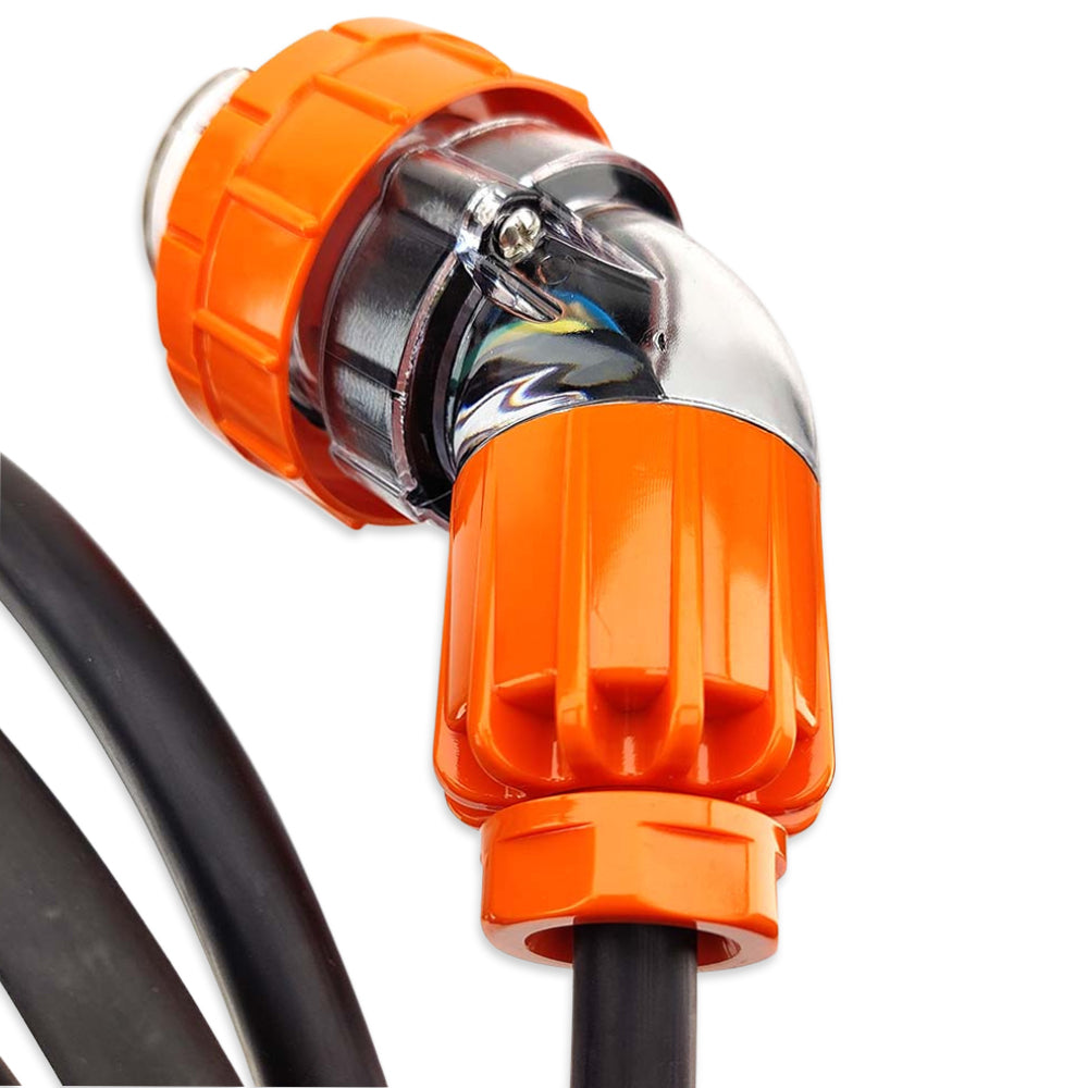 Close-up of an orange and silver electrical connector on a white background