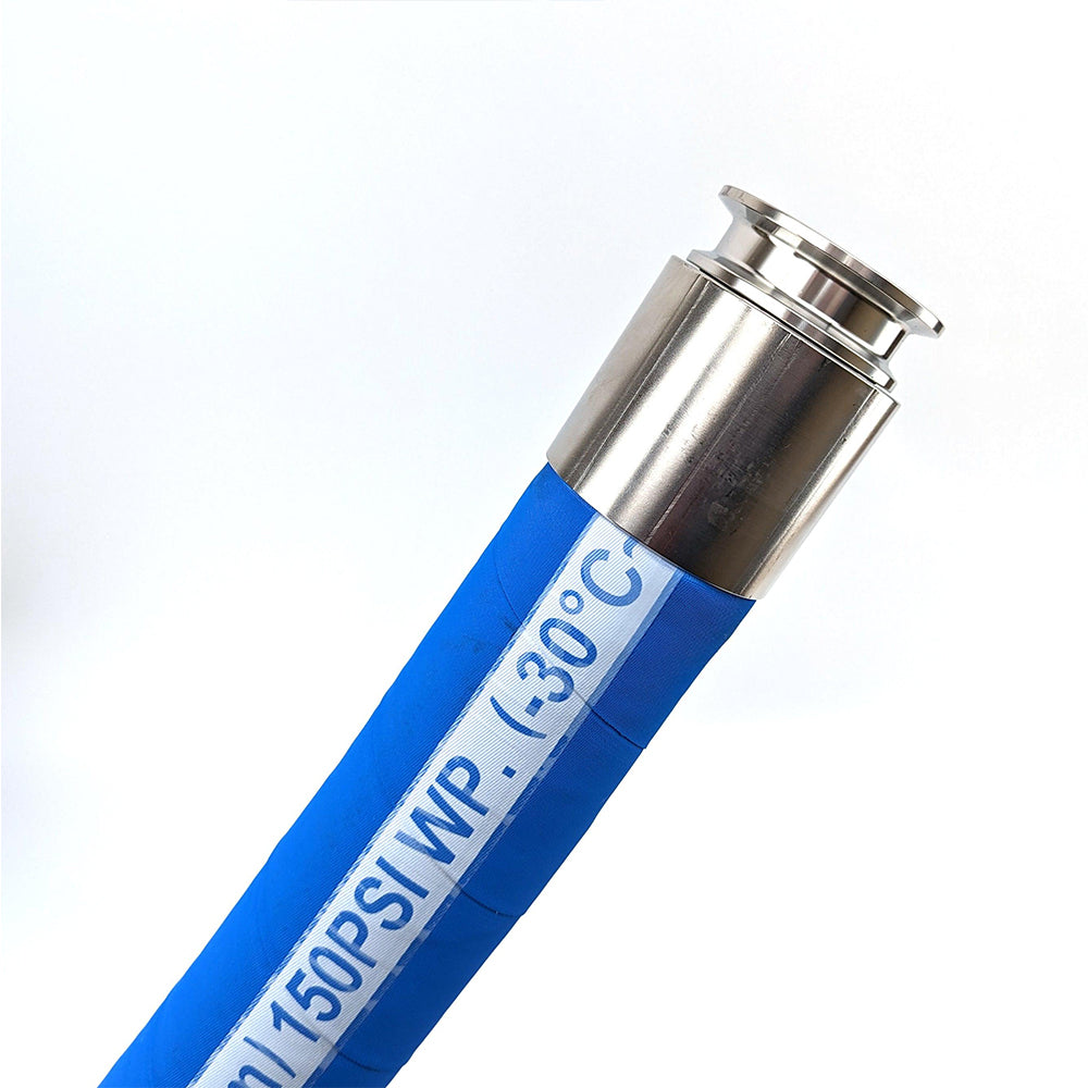 This 5m hose is equipped with a 2-inch Tri-Clover fitting on both ends. These are swaged to the hose to ensure a smooth bore that is capable of high pressures or vacuum.