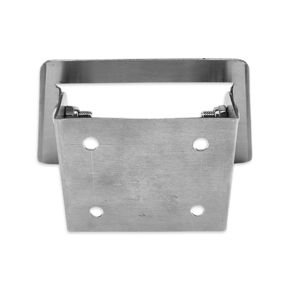 Metal bracket with multiple holes on a white background