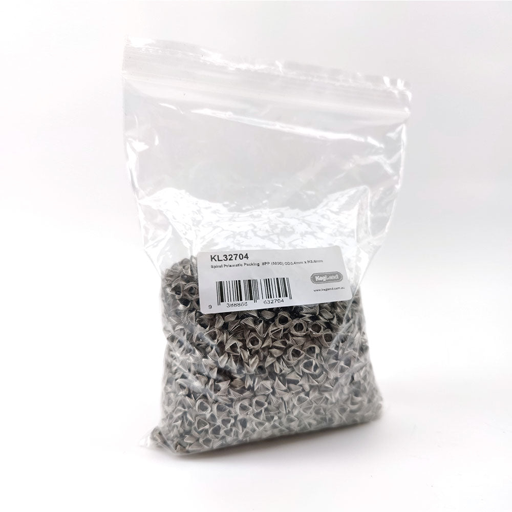 Super high density large spiral prismatic packing for 4 inch or larger columns. This packing ensures you maximise the purity distillate from your reflux still.