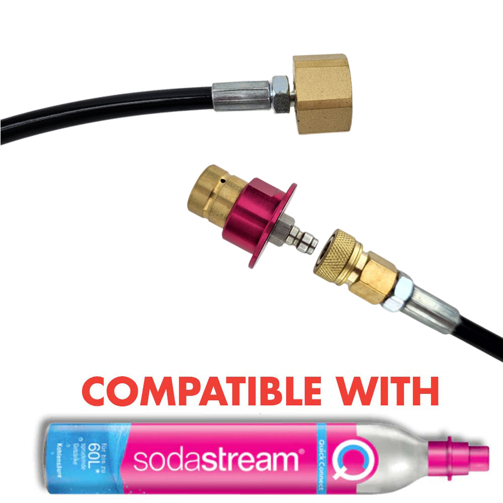 Next gen with Quick Disconnect on the SodaStream side. Suits Terra, Art and Duo models. Stop spending money on expensive refills and bulk up your gas supply with KegLand.