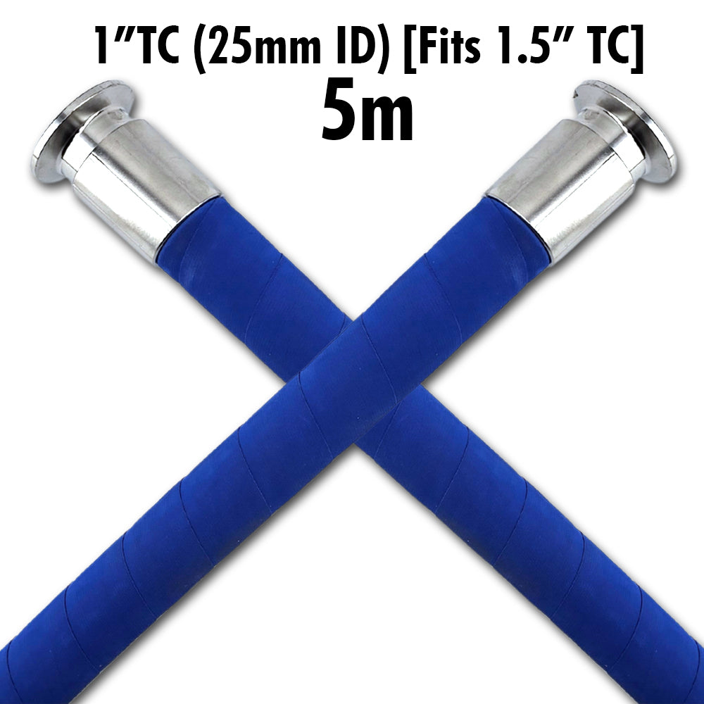 This 5m hose is equipped with a 1 Inch bore that fits a 1.5 Inch TC fitting on both ends. These are swaged to the hose to ensure a smooth bore that is capable of high pressures or vacuum.