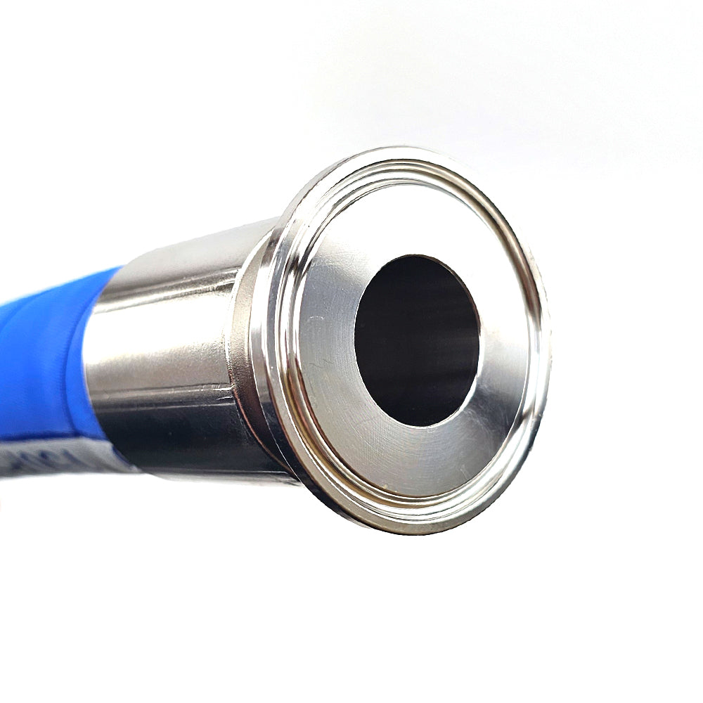 This 5m hose is equipped with a 1 Inch bore that fits a 1.5 Inch TC fitting on both ends. These are swaged to the hose to ensure a smooth bore that is capable of high pressures or vacuum.