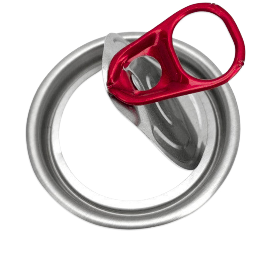Half ripped open full apeture can lid. Red tab on a silver lid.