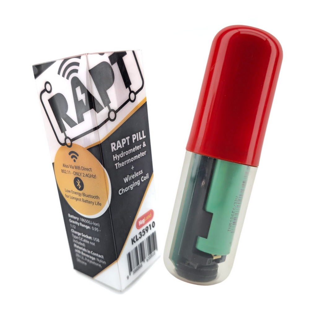 A RAPT Pill hydrometer and thermometer wireless charging seal shown next to its retail packaging box on a white background.
