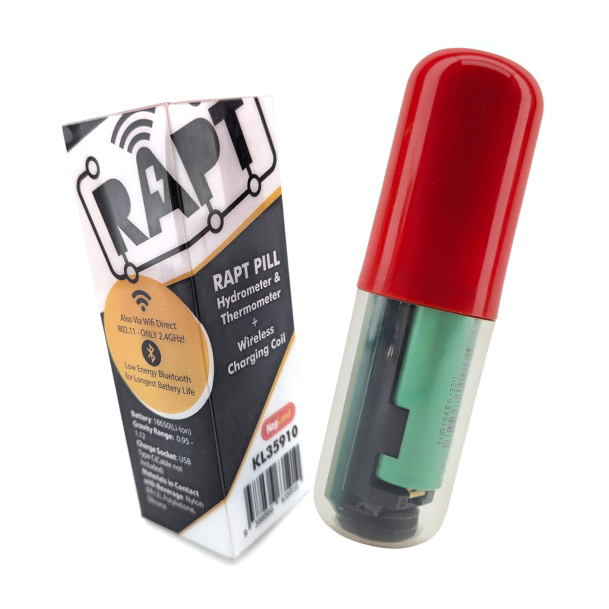 A RAPT Pill hydrometer and thermometer wireless charging seal shown next to its retail packaging box on a white background.