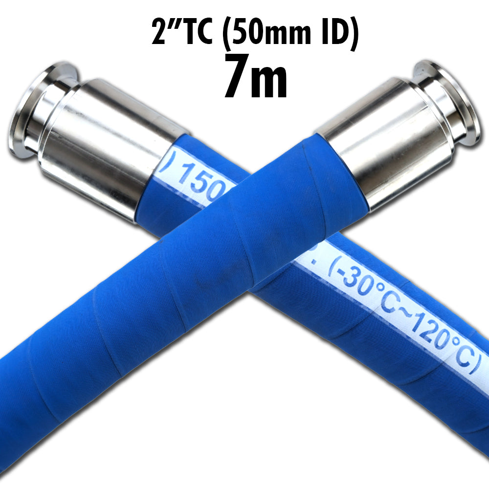 Get the Brewery Suction & Delivery Hose with a 50mm internal diameter. This 7m hose is equipped with a 2-inch TC fitting. Perfect for brewery applications.