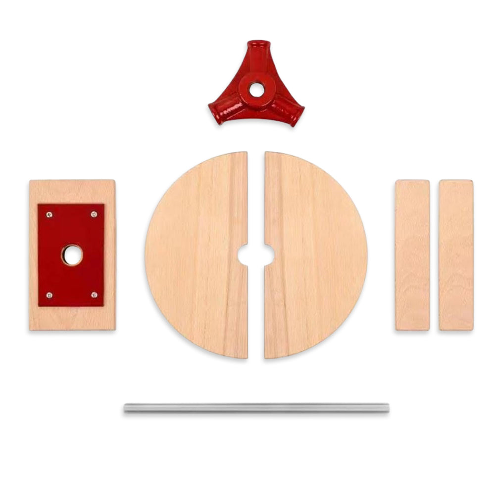 Set of wooden and metal components on a white background