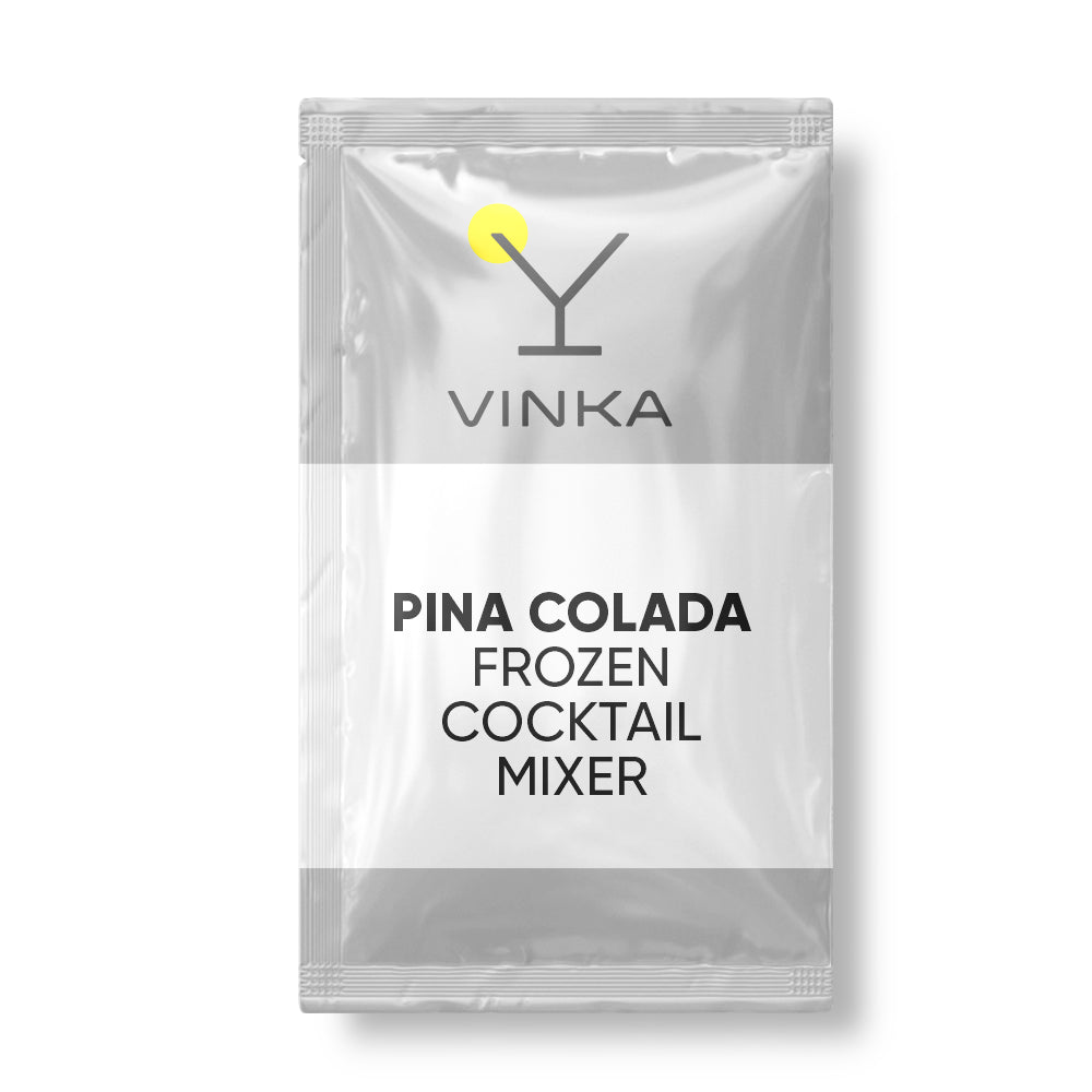 A silver foil packet of Vinka Pina Colada Frozen Cocktail Mixer on a white background.