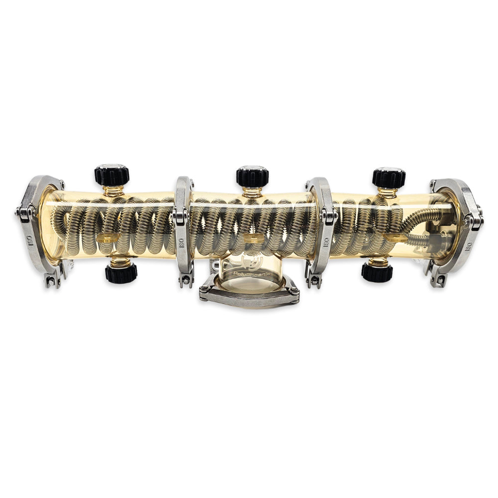 The PolyPhoenix Condenser can be used in multiple configurations for your distillation set up. Most commonly it is used in the hammerhead configuration (horizontal).