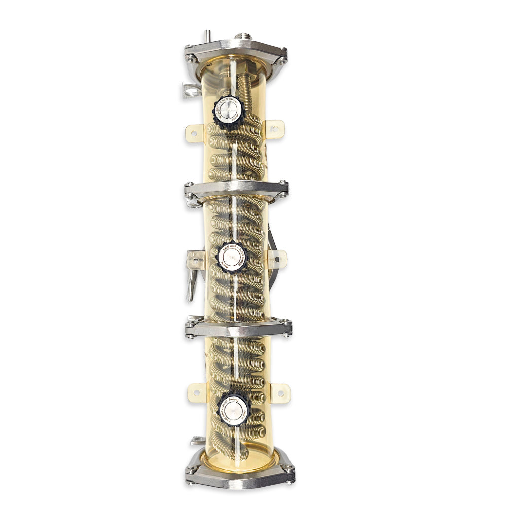 The PolyPhoenix Condenser can be used in multiple configurations for your distillation set up. Most commonly it is used in the hammerhead configuration (horizontal).