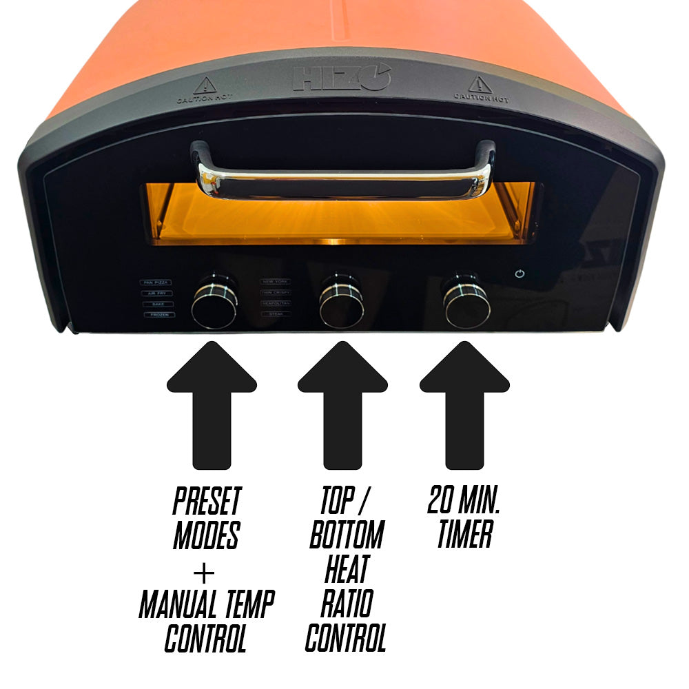 Each knob controls a different aspect of the electric pizza oven.