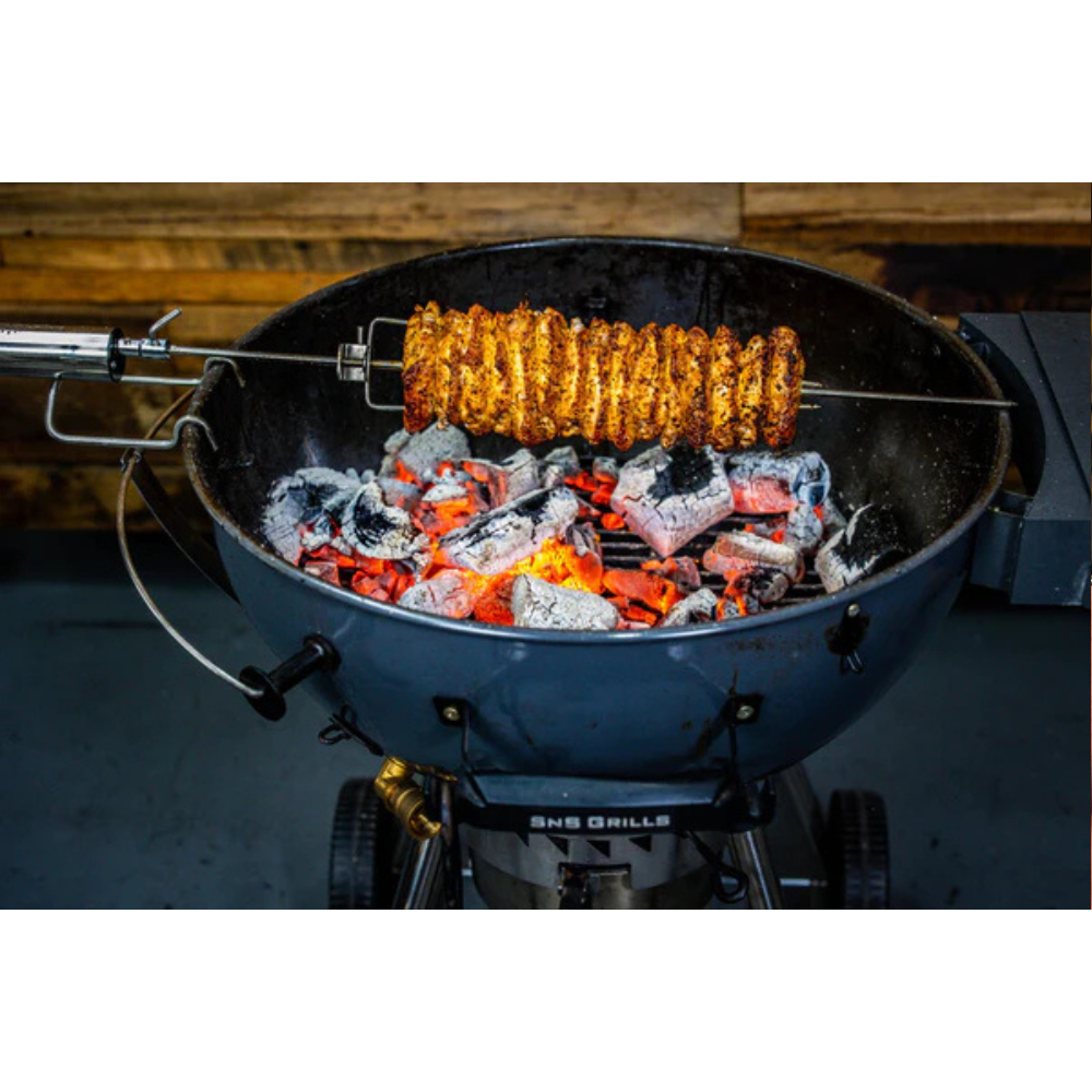 An Espetosul is a motorised battery-powered rotisserie kit that was developed in Brazil. 
It was designed with simplicity and ease of use in mind and works by freestanding over your charcoal BBQ.