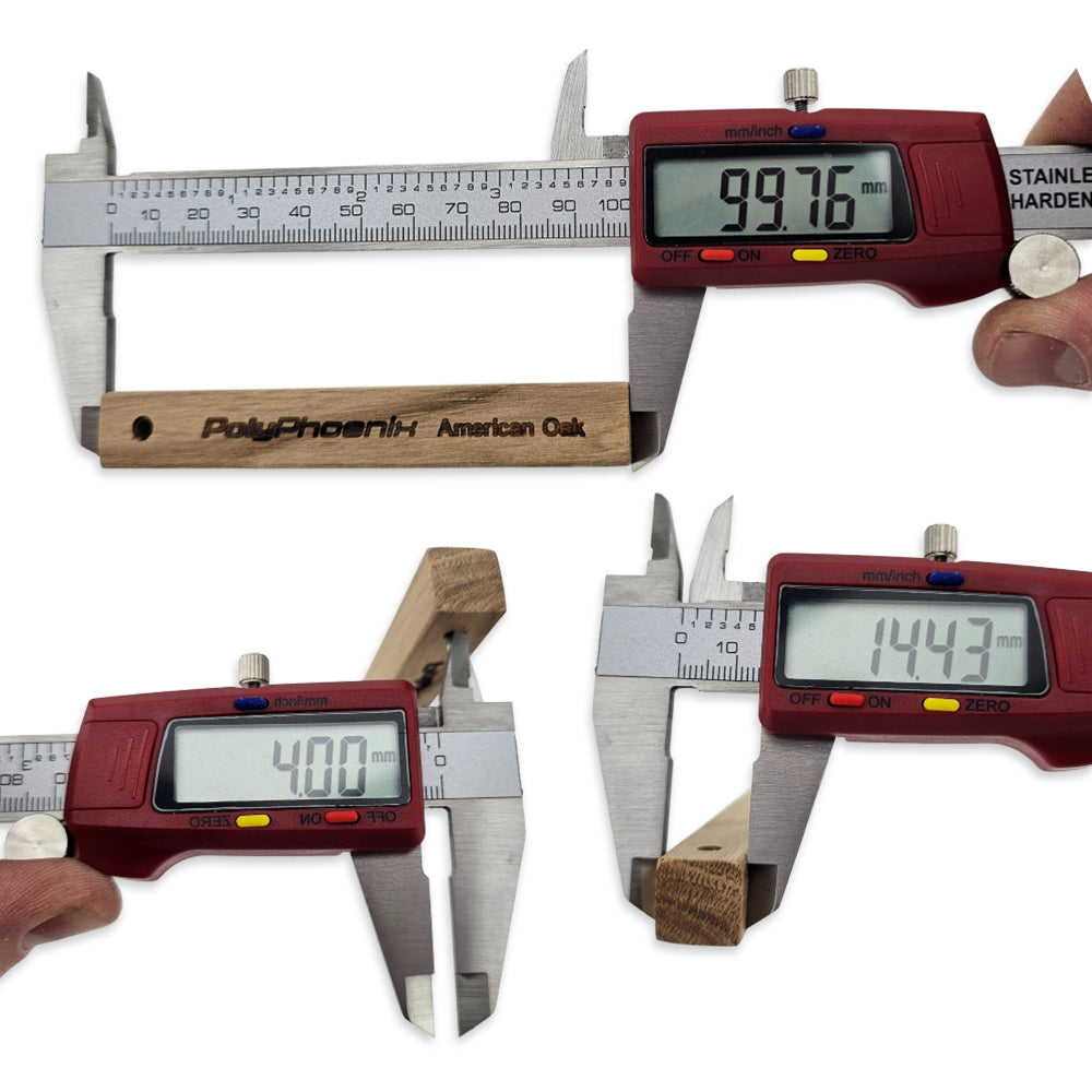Digital calipers measuring wooden blocks with displayed measurements on a white background