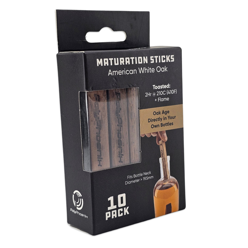 A 10-pack of Peer Pressure Maturation Sticks for American White Oak bottles, shown in its black retail packaging with a clear window displaying the wooden sticks.