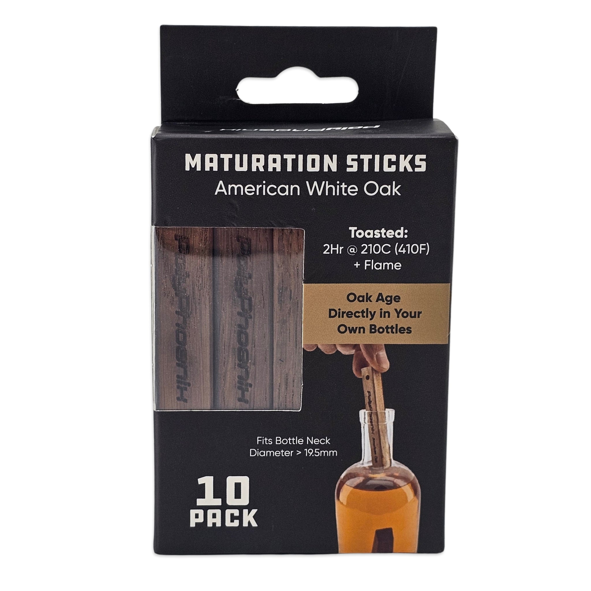 A 10-pack of PolyPhoenix MATURATION STICKS in American White Oak, shown in its original black retail packaging box. The box features a clear window displaying the wooden sticks, product details, and an illustration of a bottle being sealed with a stick.