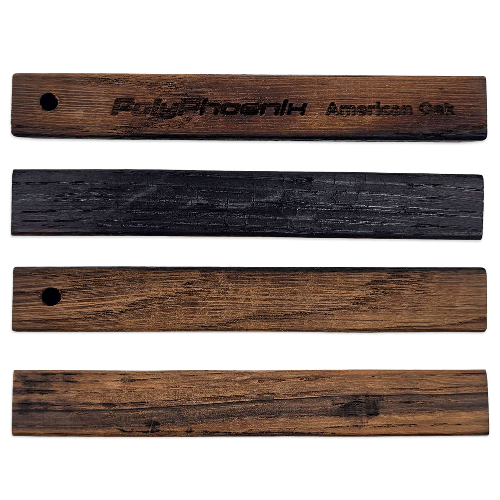 Four rectangular wood pieces with a circular hole, showing different burn-treated finishes from PolyPhoenix American Oak, arranged vertically on a white background.