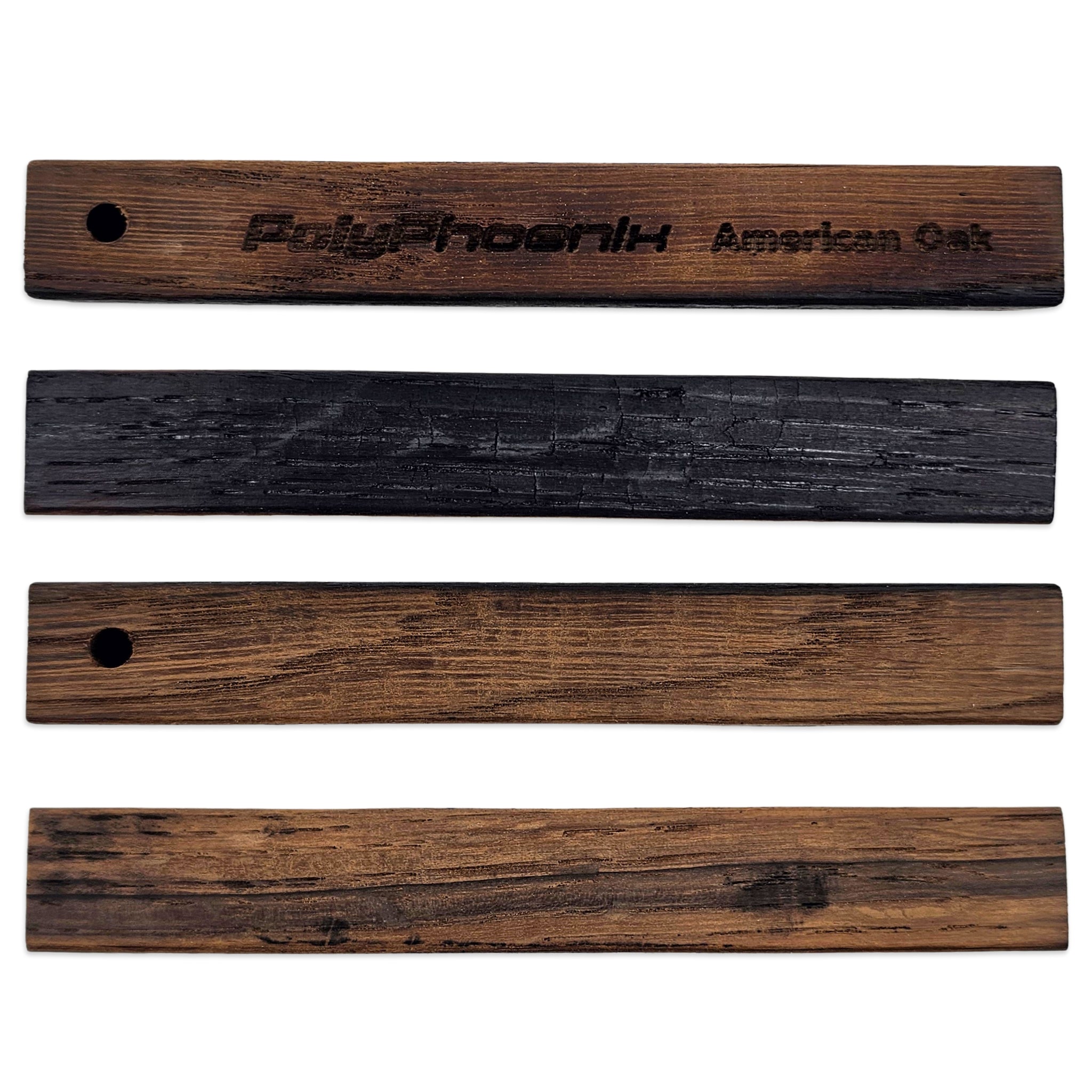 Four rectangular wood pieces with a circular hole, showing different burn-treated finishes from PolyPhoenix American Oak, arranged vertically on a white background.